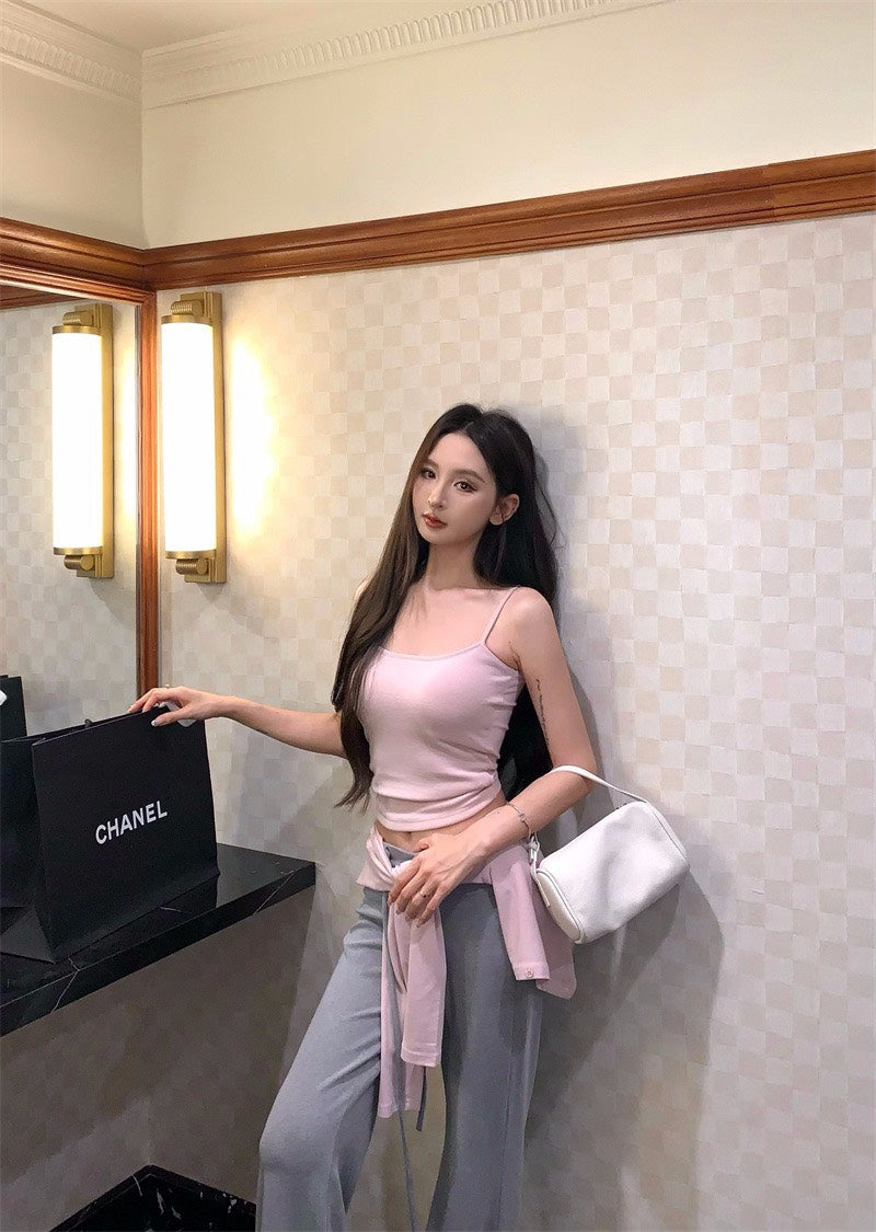 25Nov. 運動休閒搭一套上衣2件組 粉 顯瘦抽繩休閒褲 淺灰