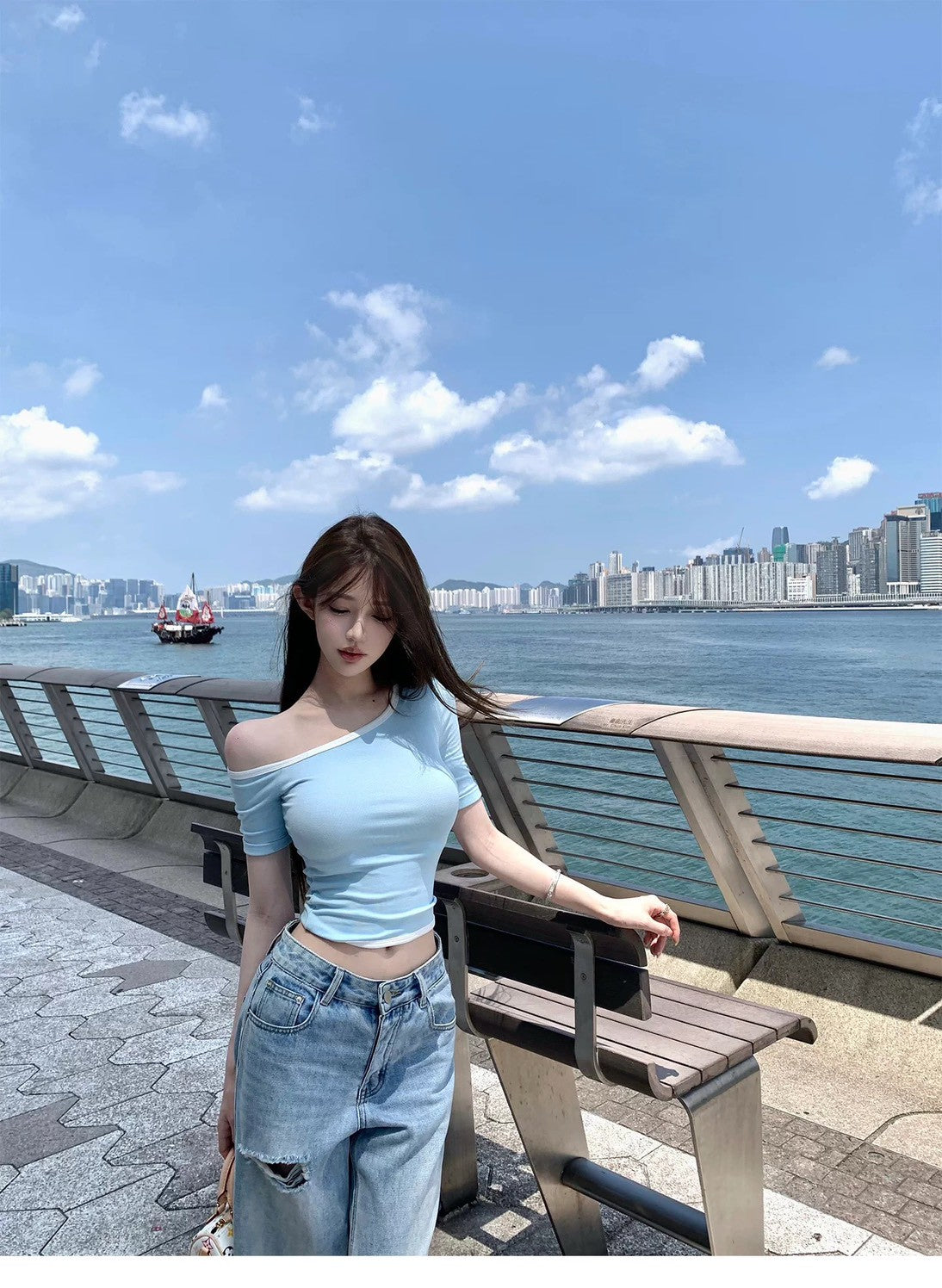 26Jul. 雅痞不規則刷破淺藍高腰闊腿褲