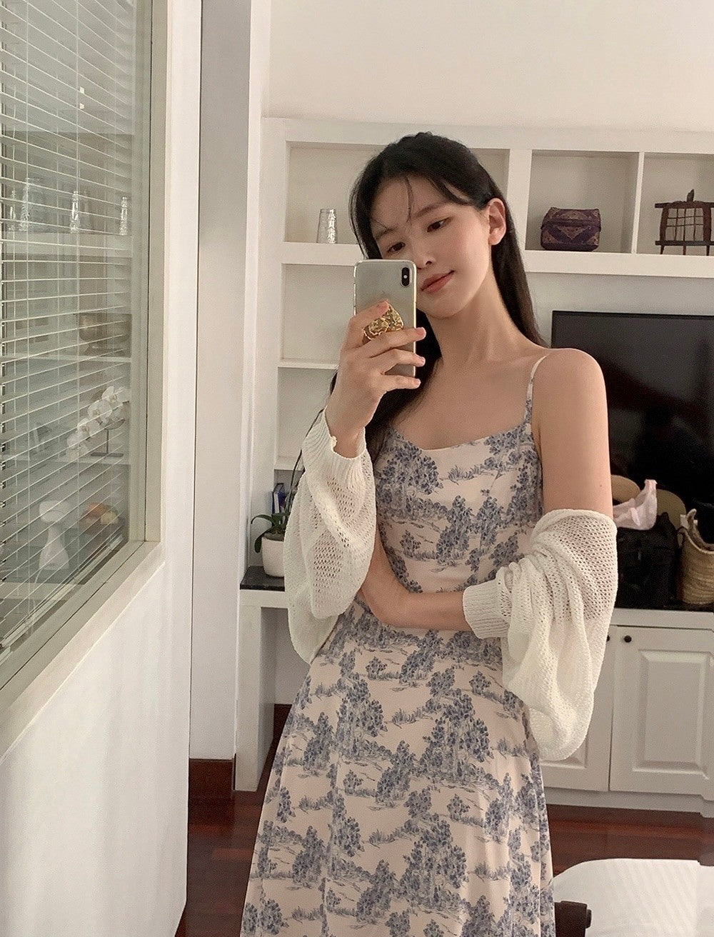 Aug. 清新古典優雅印花 收腰吊帶洋裝