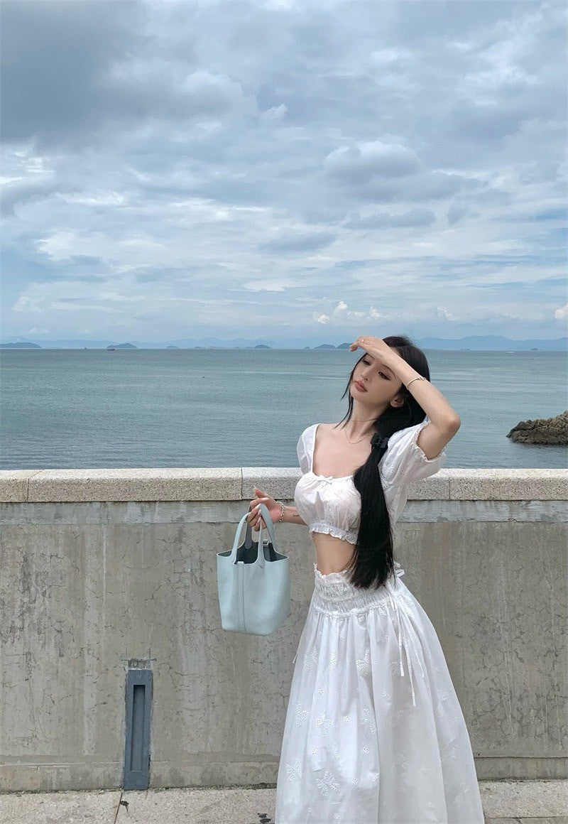 25Jul. 法式初戀小白花泡泡半身裙套裝 白