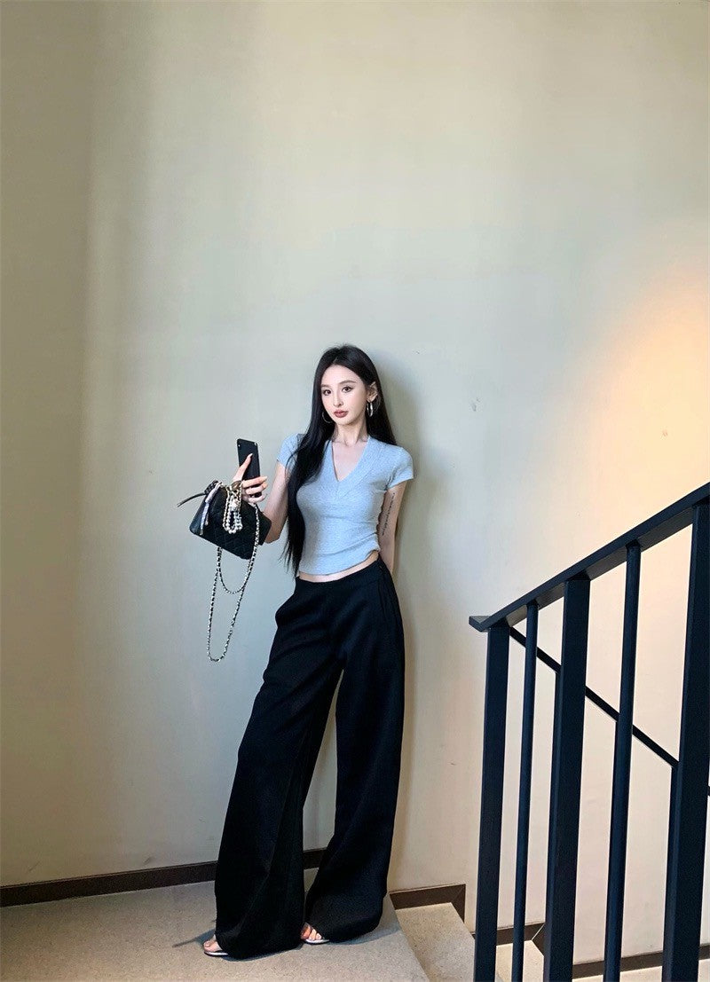 May. RO系列高腰休閒褲 必入V領顯瘦上衣 灰