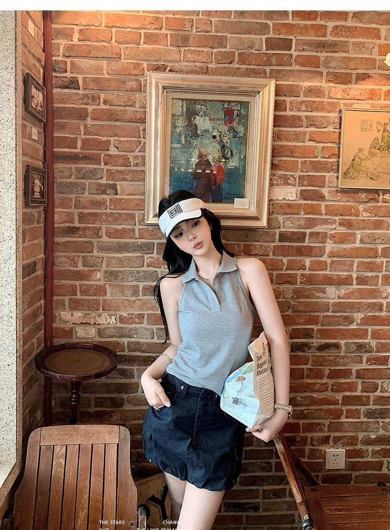 Jun. 大膽穿韓系學院polo領好版型無袖鈕扣背心 白/灰