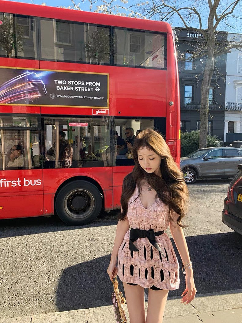 Jun. 重工25香奶奶粗針縷空背心針織上衣 粉