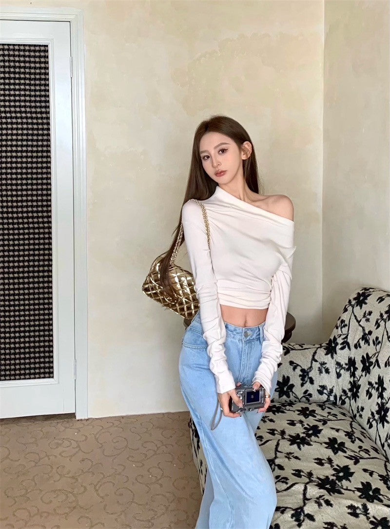 Mar. 休閒高智系 斜肩彈力修身短款長袖上衣 藍紫/杏色