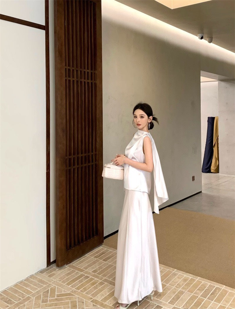 Jun. 羅馬Intellectual新法式緞感飄帶背心半身裙套裝 白杏