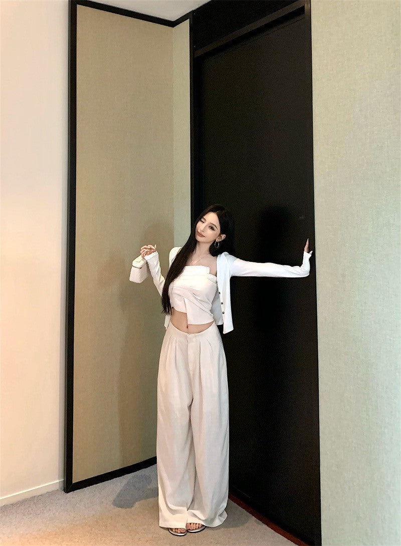 Jun. Origin 自然老錢 不規則抹胸高腰闊腿褲套裝 杏