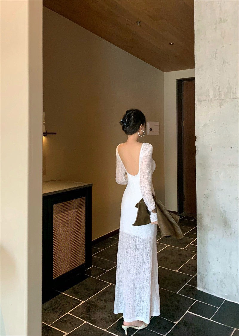 May. Backless dress歐美透視感疊穿連身裙(含內搭)白