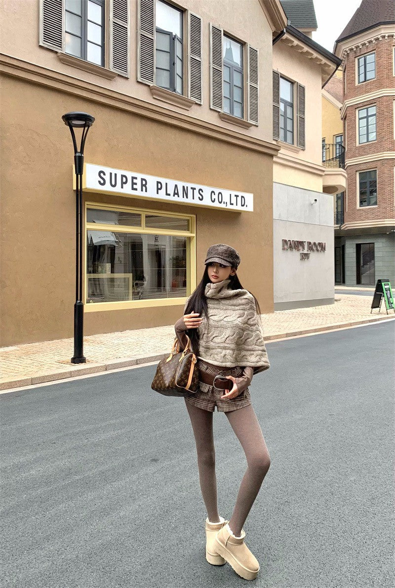 25Dec. 斗篷均碼多用法式花紗針織/英格蘭復古格紋短褲 卡其色系