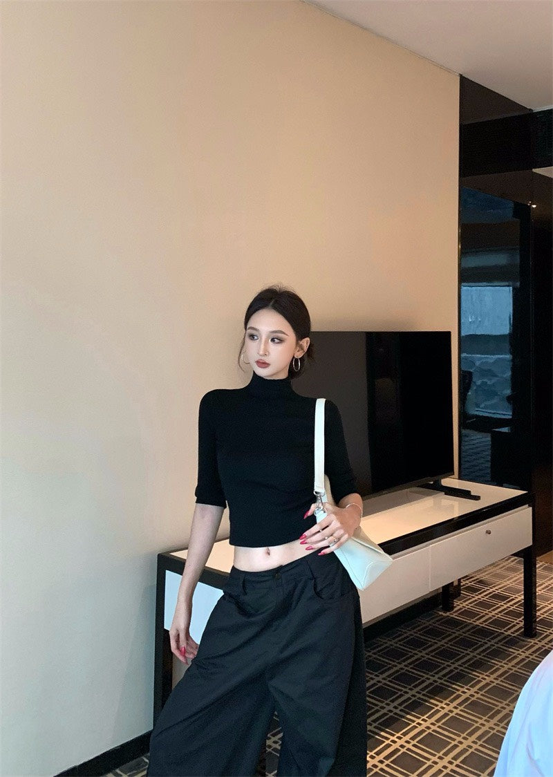 25Nov. 休閒酷妹美式高領上衣 黑色口袋闊腿工裝褲