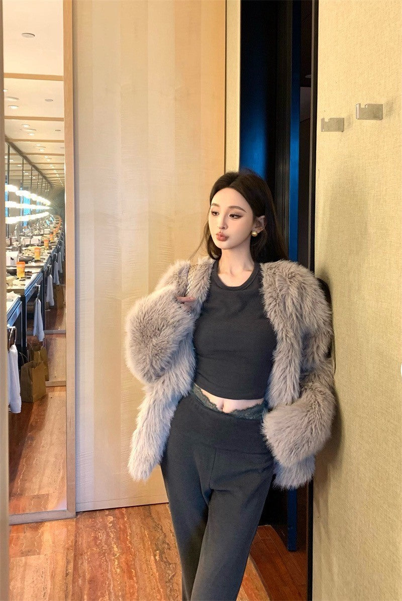 Mar. 簡約高級感 圓領修身高腰休閒褲套裝 灰