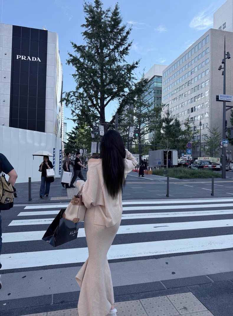 25Nov. 秋冬大氣簡約羊毛針織魚尾裙套裝 卡杏