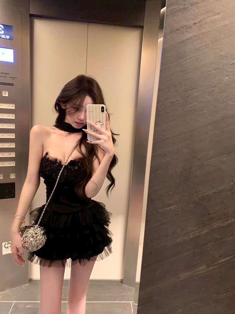 Jun. 玫瑰廢墟 氣質優雅手工花網紗蛋糕裙套裝 黑