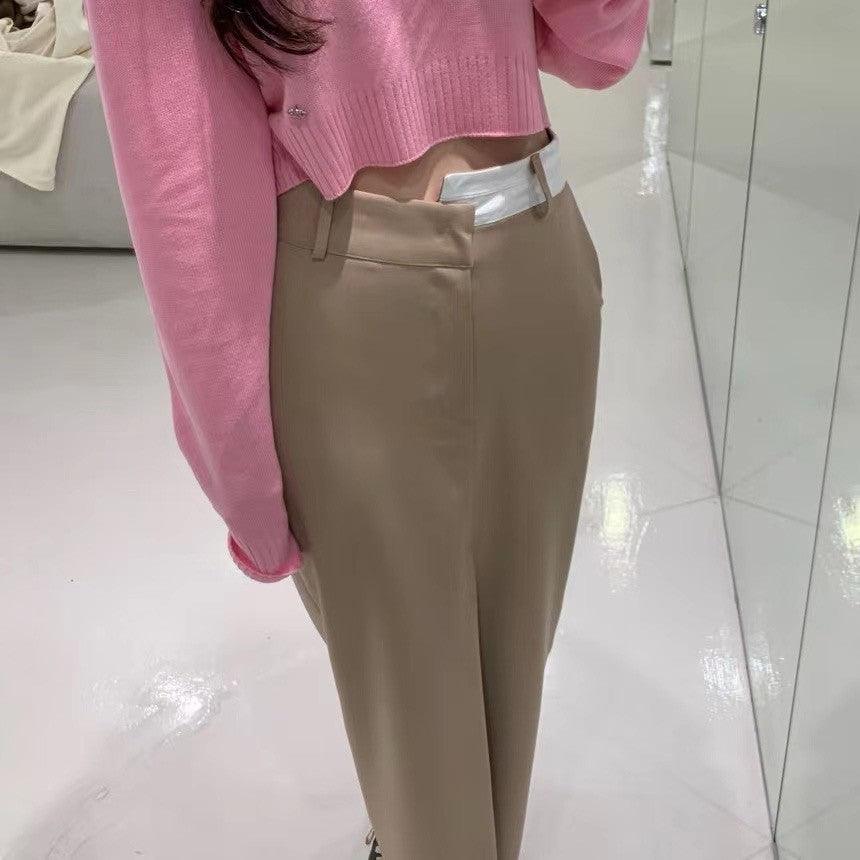 Oct. 簡約氣質 百搭開叉不規則撞色半身裙 卡其/黑色