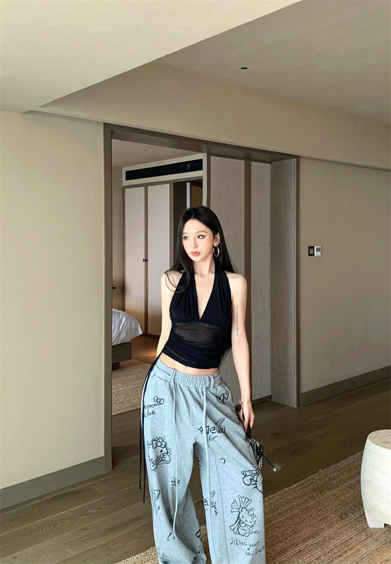 Jun. 繆斯情話 復古大挖背網紗掛脖背心 黑