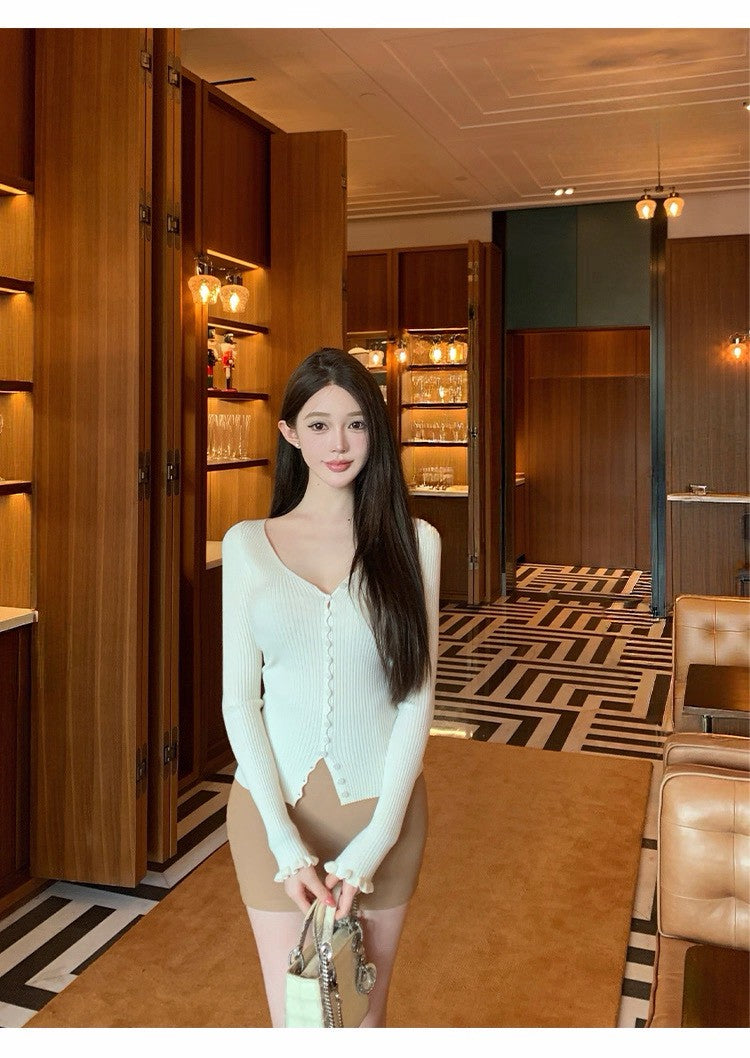 26Jan. 甜慾擔當v領氣質花袖針織上衣 白/粉