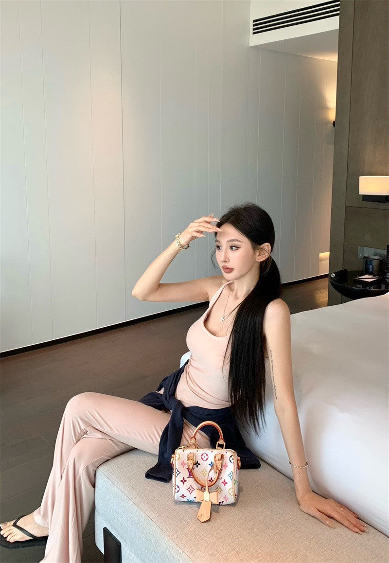 May. Lulu休閒垂垂 美式修身背心休閒褲套裝 白/粉