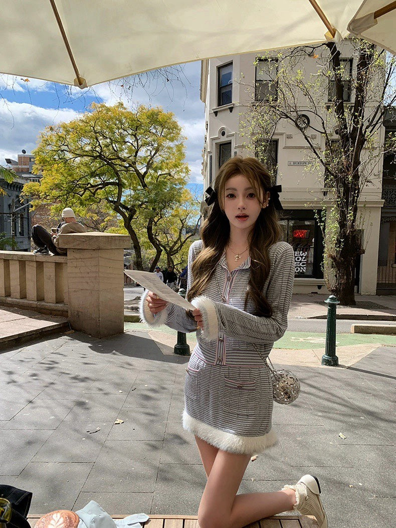 25Nov. 25B粉藍花楹 氣質織紗袖針織半身裙套裝 藍