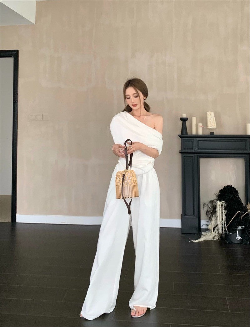 Oct. 高智系列 氣質亞麻紋 可兩穿抓褶上衣 休閒褲 白色