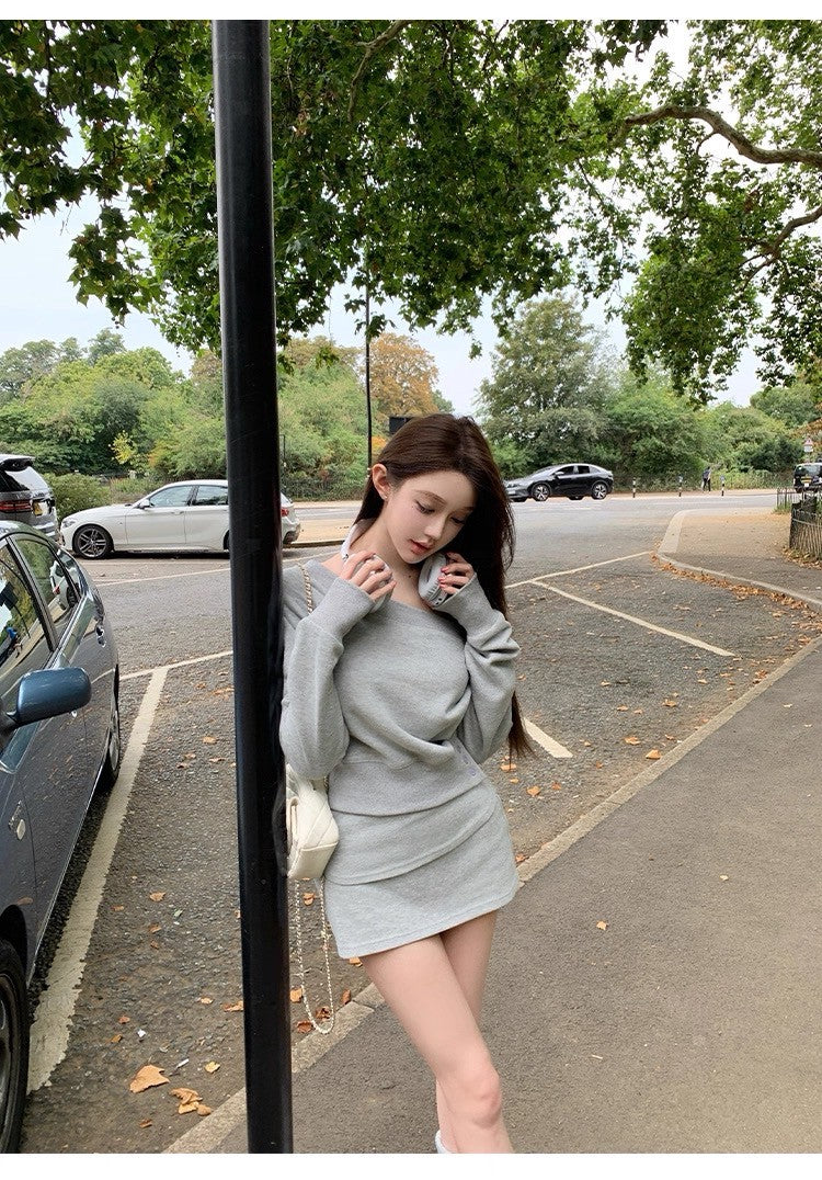 25Oct. 海德度假風 慵懶斜肩設計感半身裙套裝 灰