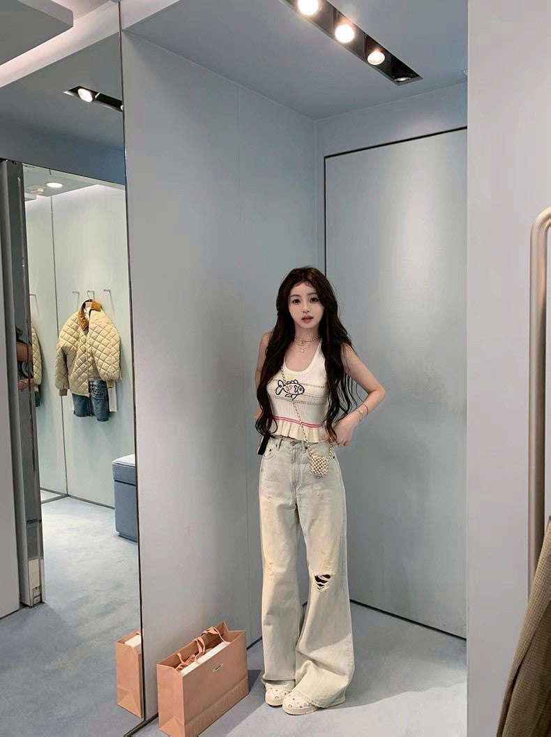 Jun. 童趣魚兒刺繡 收腰花瓣針織背心 杏