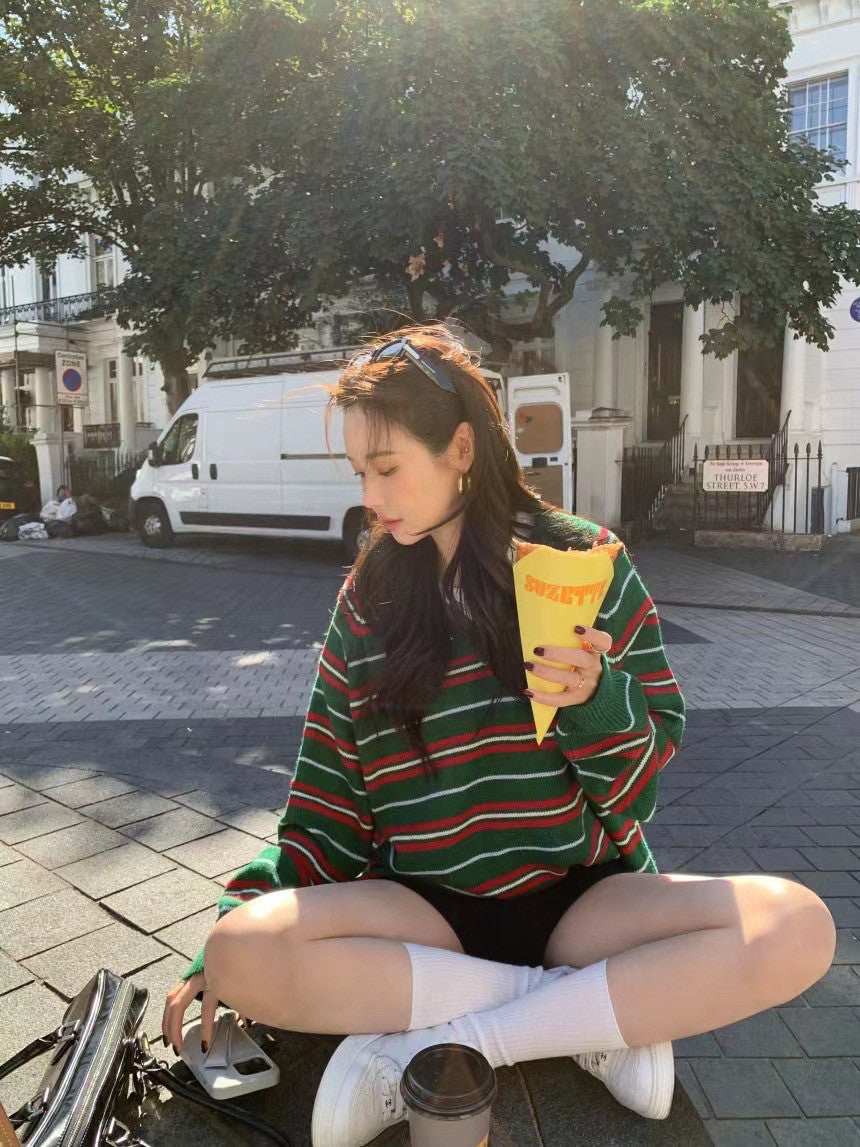 Oct. Old美式 撞色條紋V領針織毛衣 綠紅