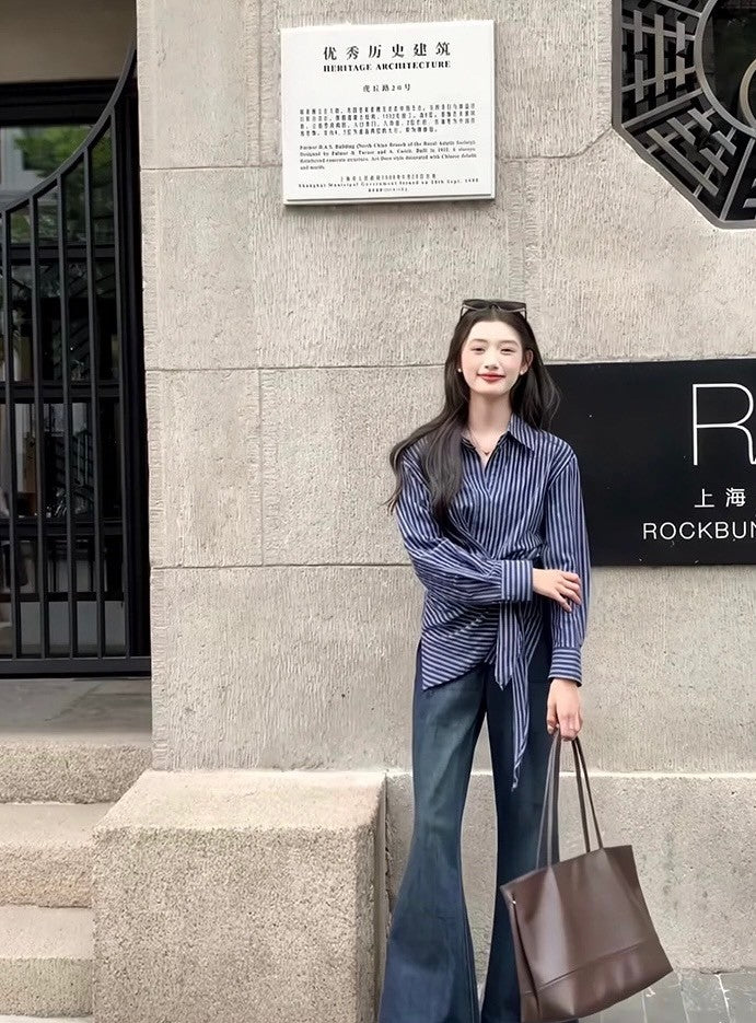 Sep. 氣質通勤 條紋側腰綁帶修身襯衫上衣 白/深藍