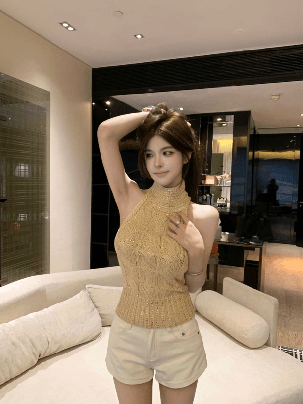 25Oct. 虞書欣同款法式燙鑽晚宴獨閃針織背心 卡其