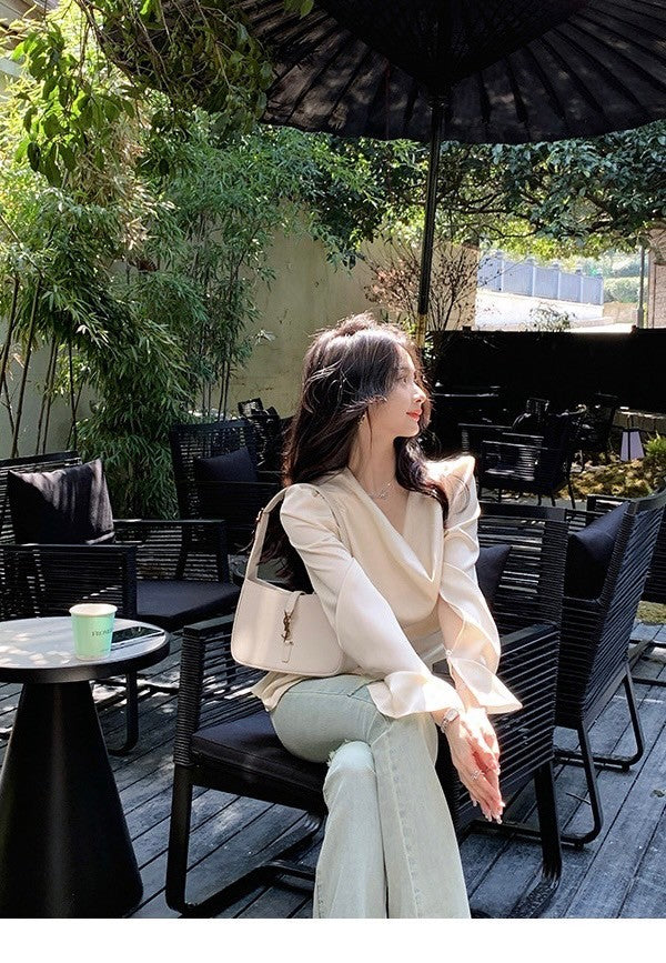 Jan. 清欲香檳 氣質名媛繫帶收腰緞面上衣