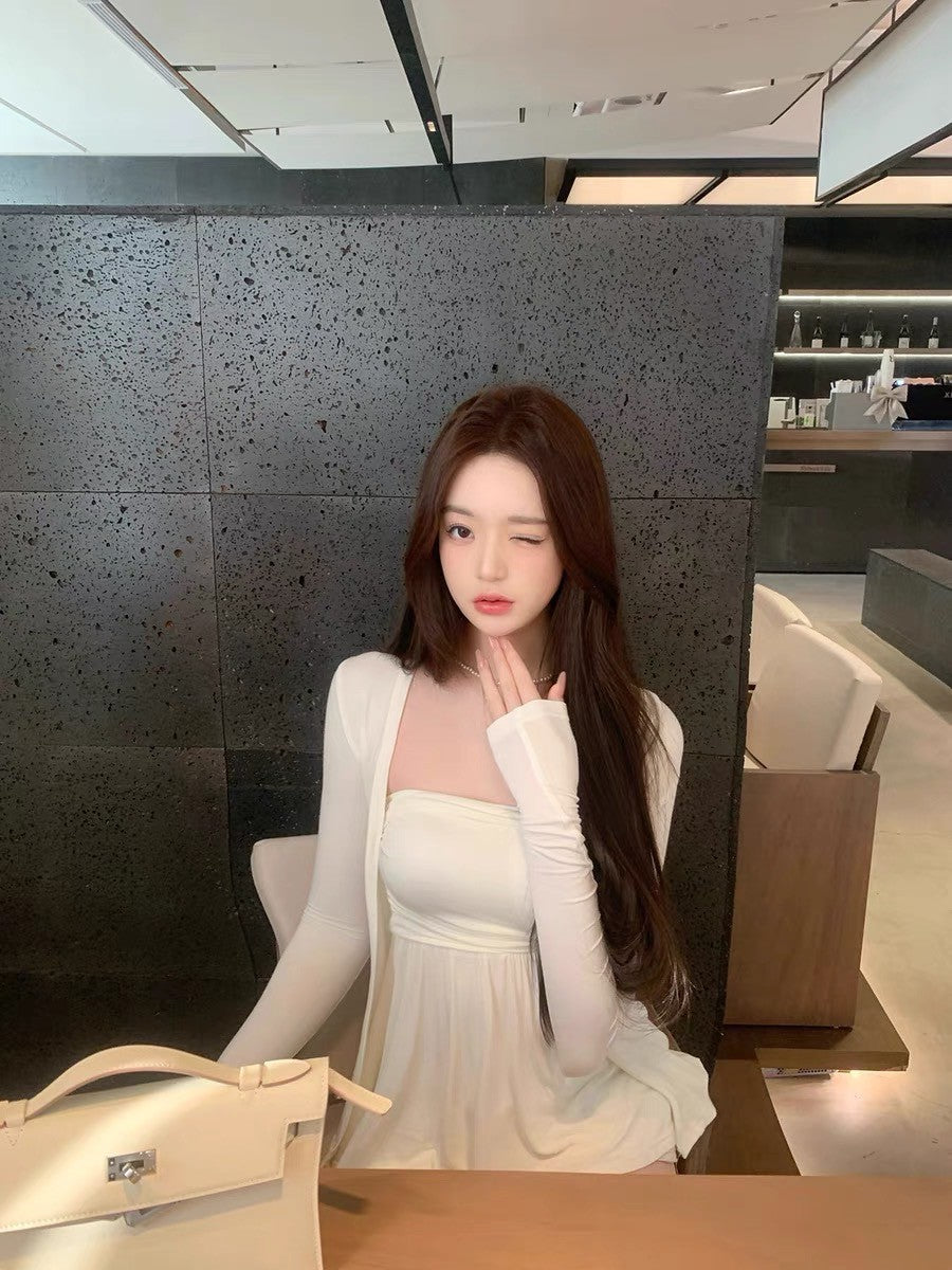 May. 溫柔韓系 加胸墊抹胸上衣外套2件套 米/粉