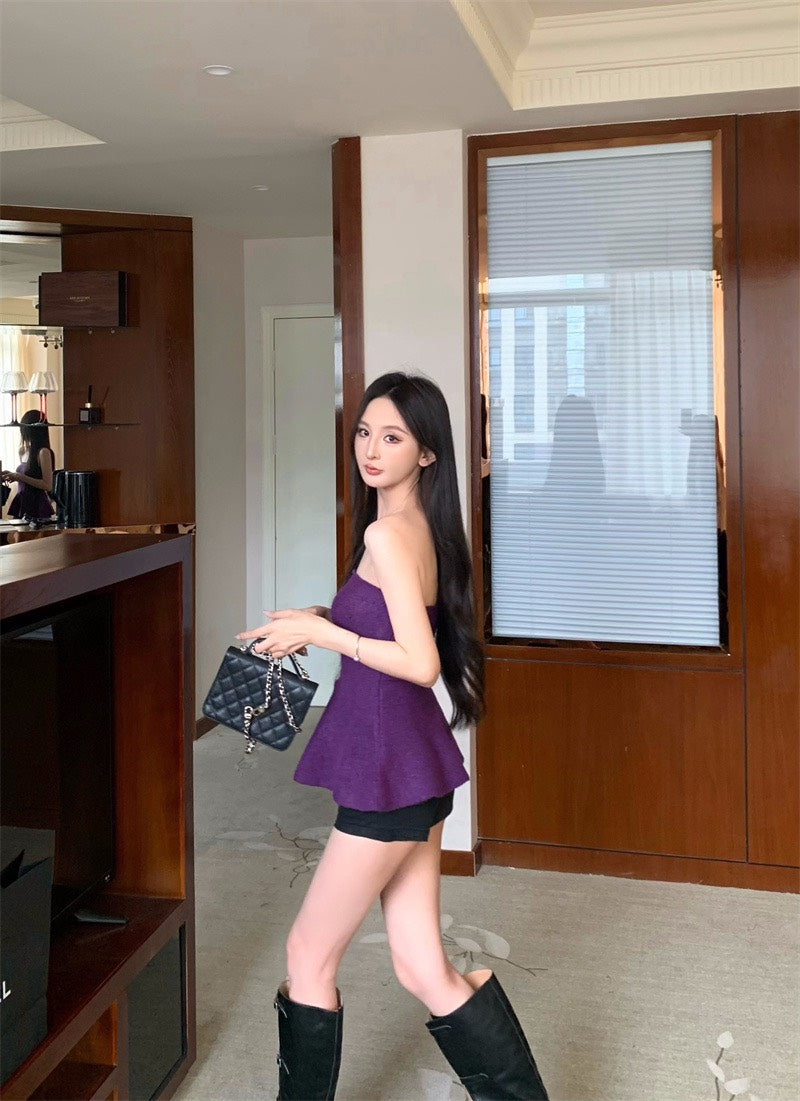 25Nov. 曲線奧斯氣質針織花瓣抹胸 紫