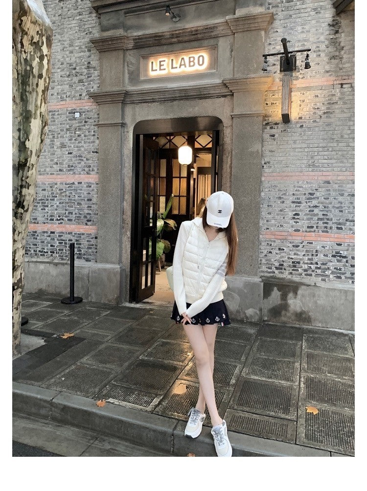 Dec. 擁抱暖冬 TB針織拼接90白鴨絨連帽外套 白