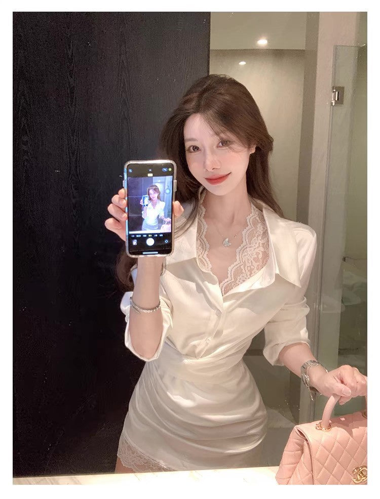 26Feb. 氣質韓女緞面純欲蕾絲收腰襯衫裙