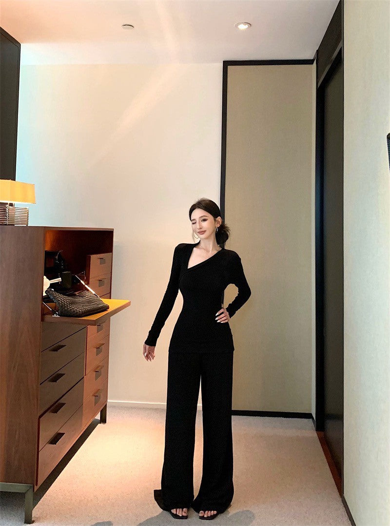 Jun. 好身材有氧不規則設計感長袖針織套裝 黑