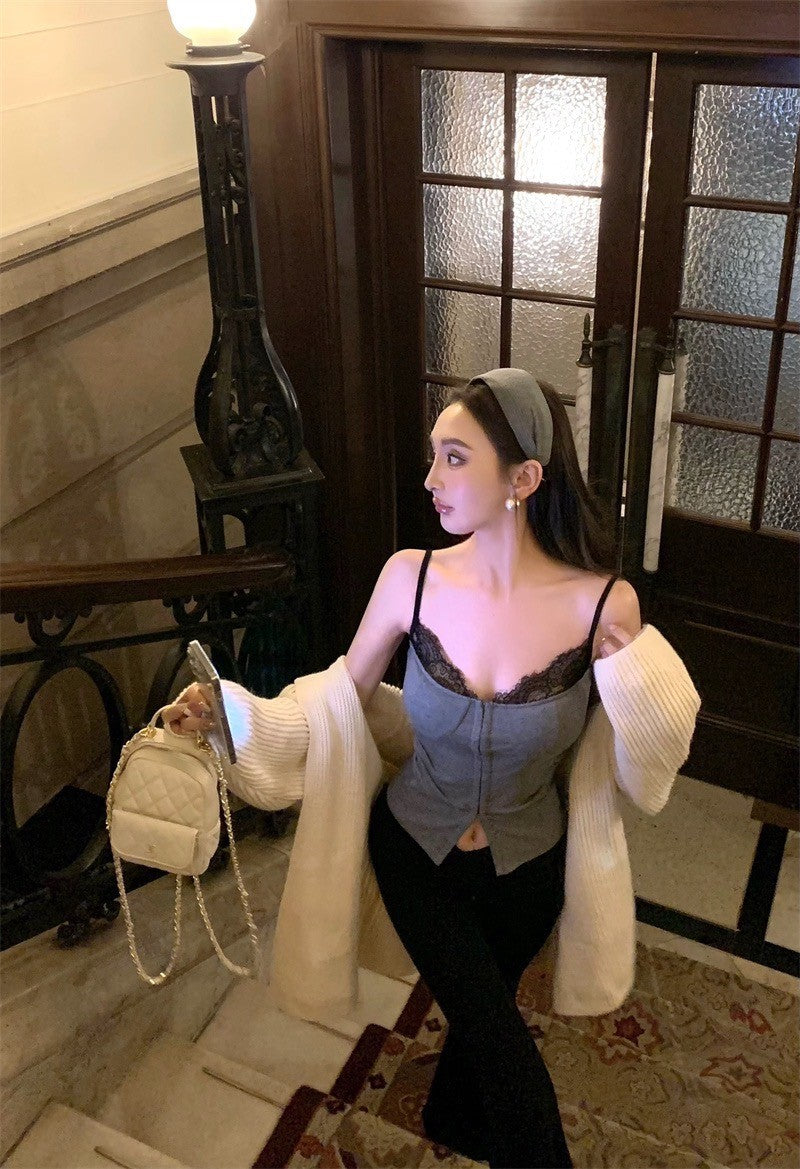 Apr. 美式舞蹈生 蕾絲拼接撞色西裝背心 灰/黑