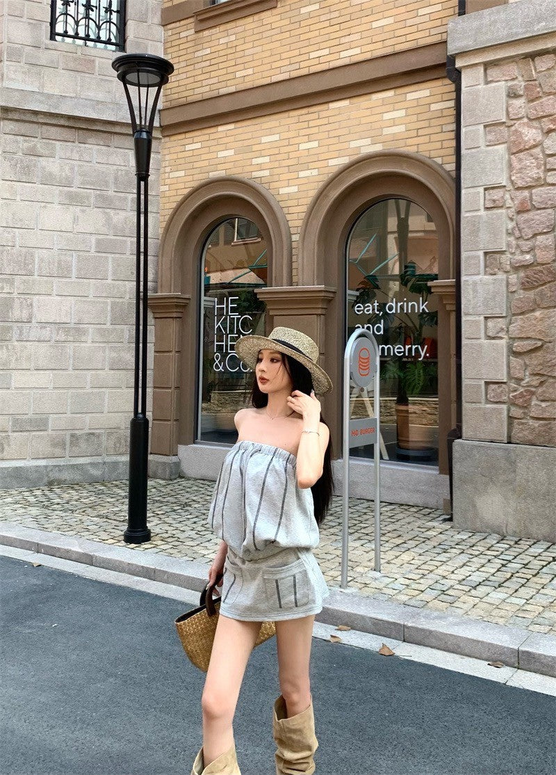 25Aug. 女團人物鬆緊撞色抹胸收腰連身裙 灰