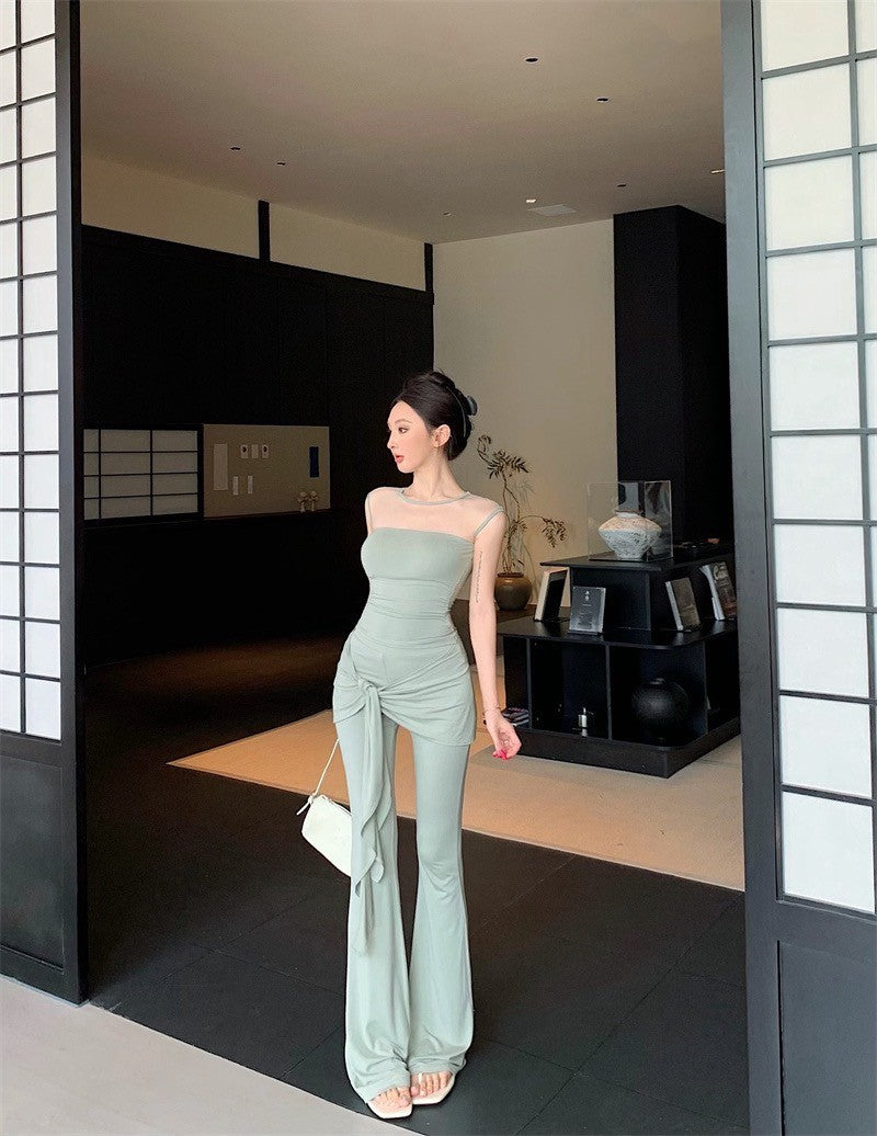 25Aug. 古典視覺網紗拼接上衣綁帶休閒褲套裝 豆沙綠