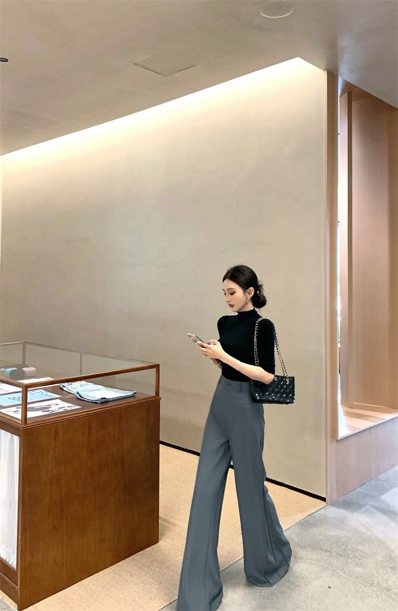 Jun. 高級知性 百搭顯瘦彈力上衣 黑 高腰闊腿褲 灰