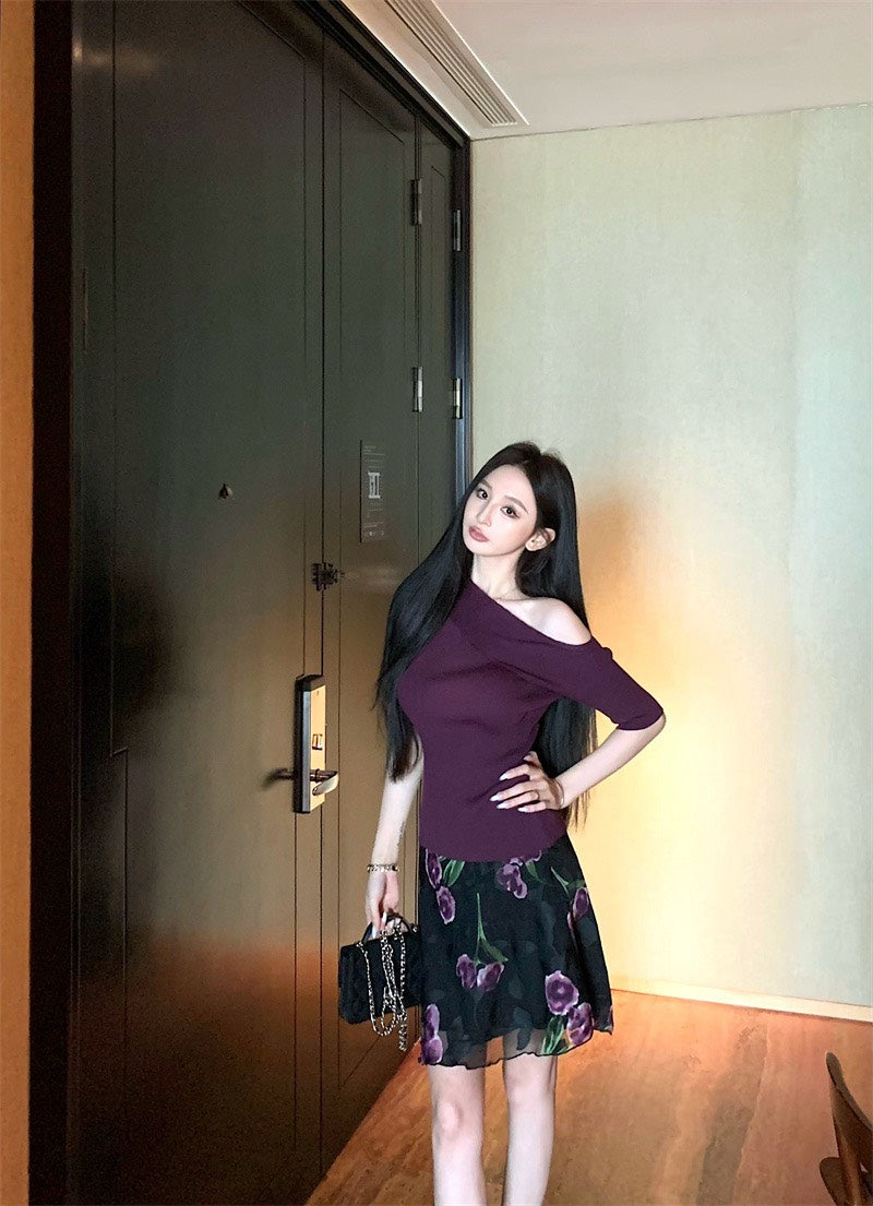 Jun. 半熟女伶 斜領修身針織上衣 紫 復古花網紗半身裙 紫