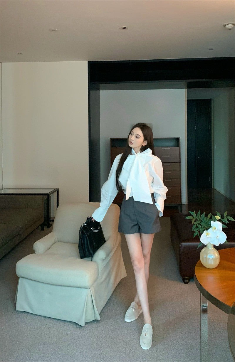 May. 復古法式大蝴蝶結綁帶+襯衫 高腰西裝短褲