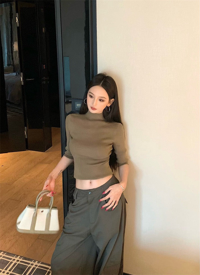 25Nov. 休閒酷妹美式高領上衣 口袋闊腿工裝褲 卡色系