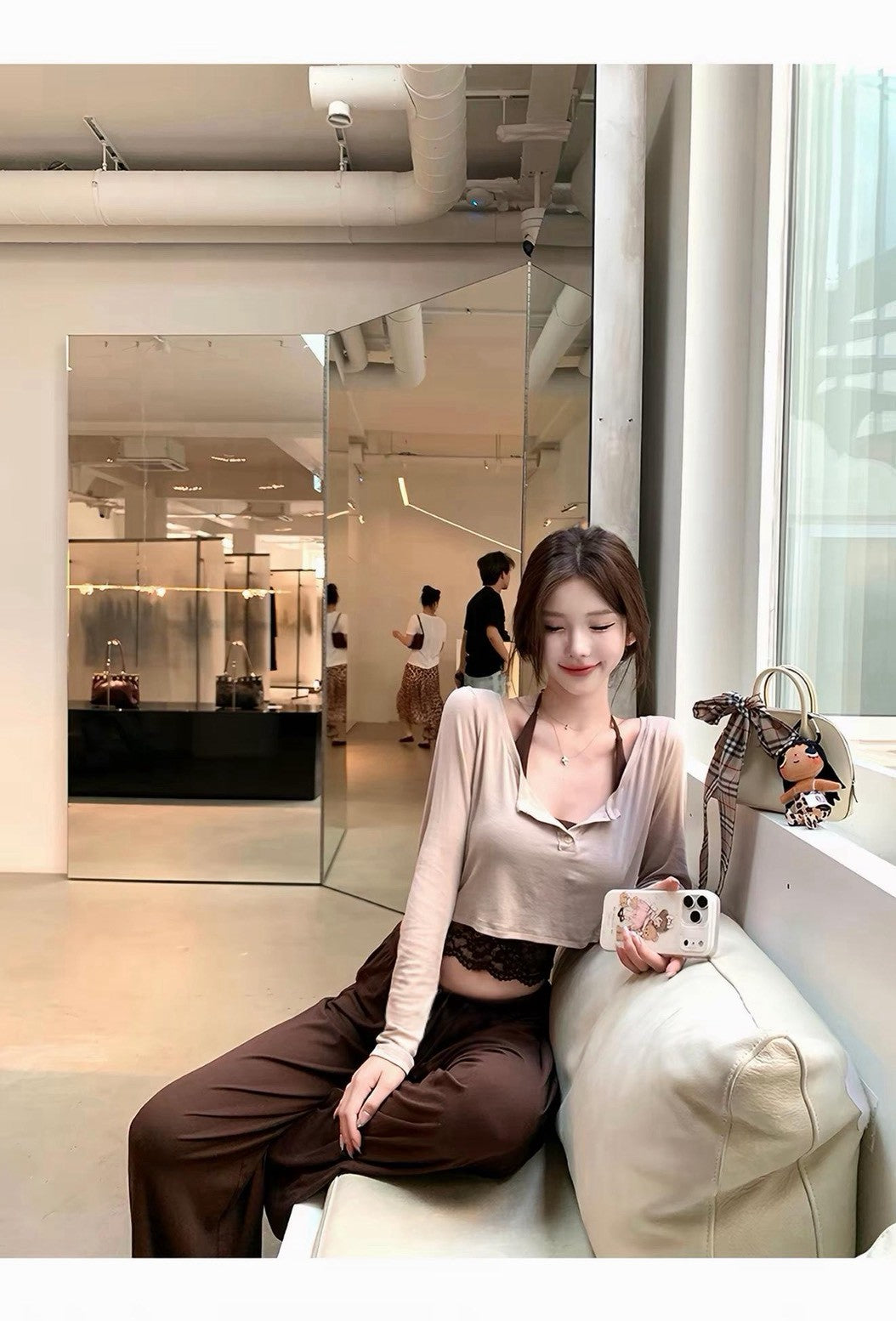 26Oct. 嬌女鬆弛蕾絲T恤上衣兩件套/純色休閒褲 咖色系