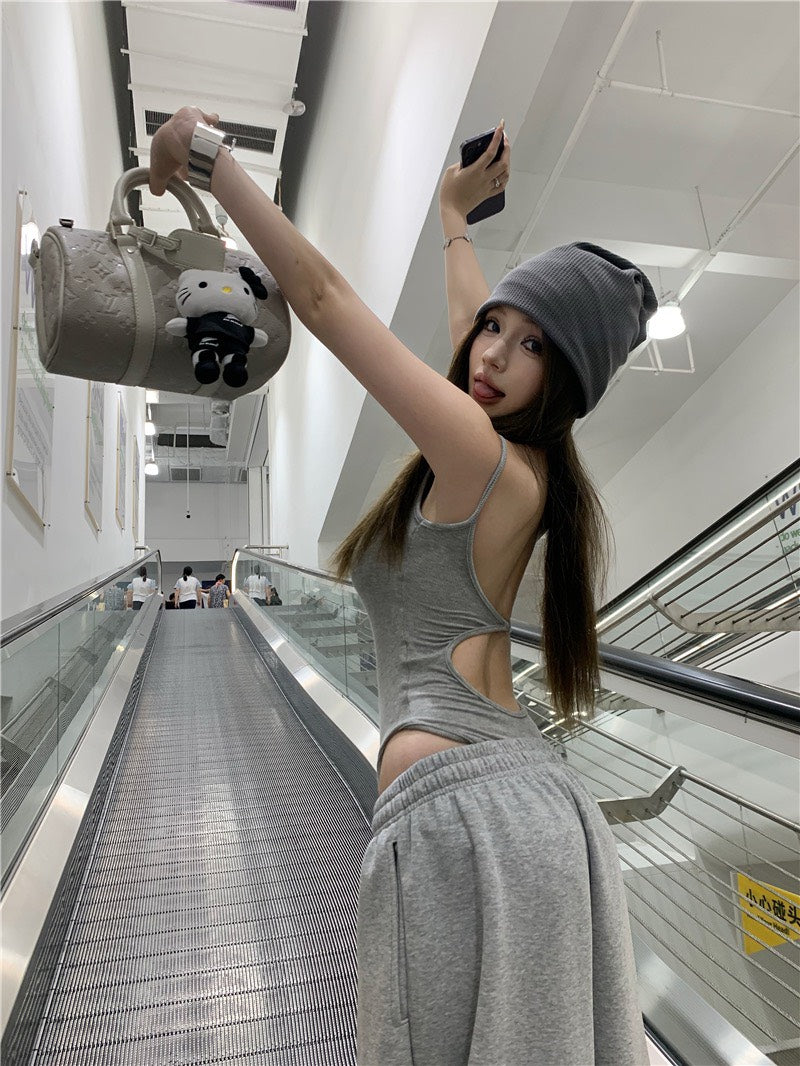 Jun. 歐美辣妹top高腰連體背心 鬆緊休閒褲 灰