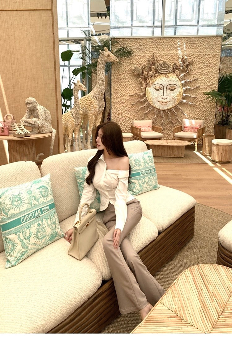 Aug. 氣質OL 不對稱設計開肩襯衫 白色