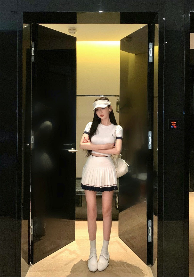 25Nov. 玩美女孩撞色修身網球針織套裝