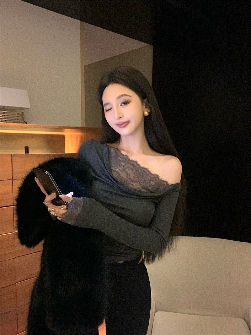 Apr. 輕透舒芙蕾 簡約純色蕾絲拼接領長袖上衣 黑/灰