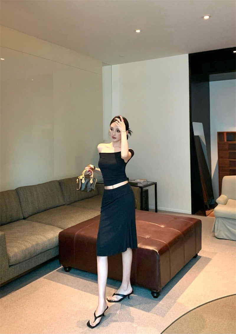 25Sep. 輕熟御姐一字領七分裙套裝 黑