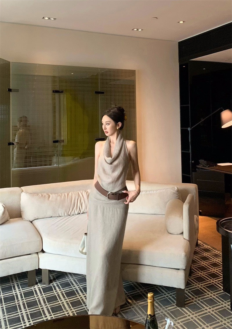 25Nov. 氣質出眾兩穿蘯領挖背針織半身裙套裝 卡