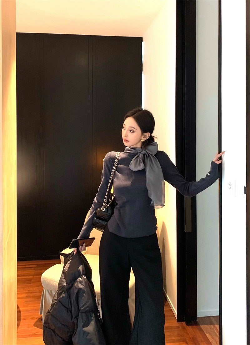 Feb. 內搭高手 綁帶蝴蝶領純色長袖上衣 灰