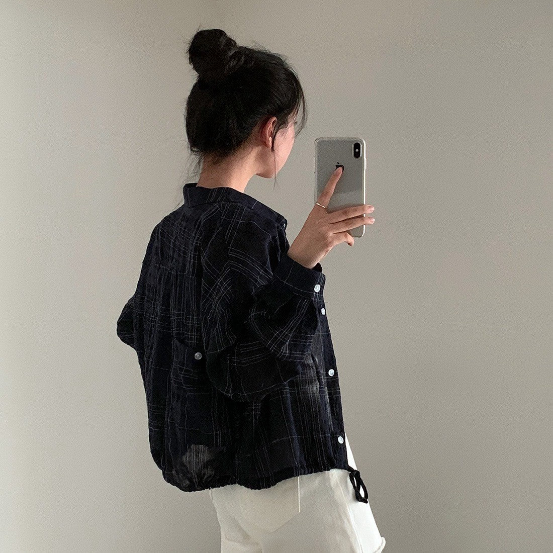 Oct. 簡約格紋抽繩防曬襯衫