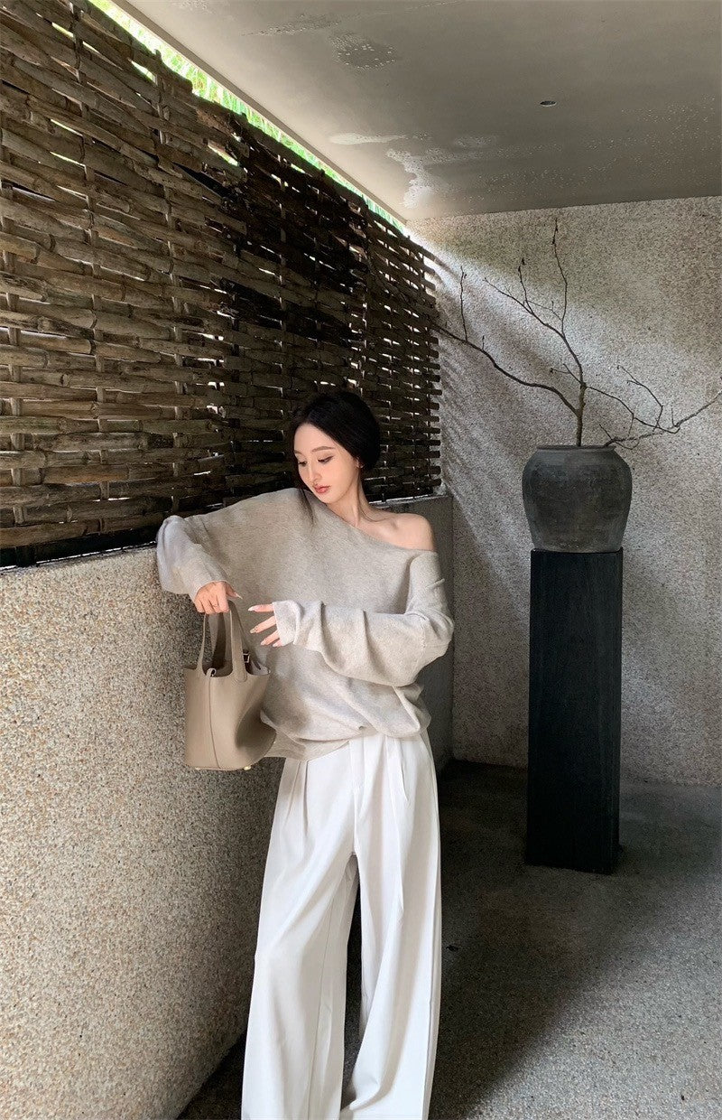 Oct. 隨性出門 慵懶斜肩杏色毛衣 百搭闊腿褲 卡色